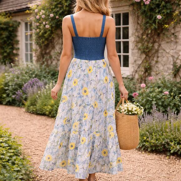 Band of Gypsies Denim Floral Tiered Maxi Dress XS Y2K / Cottagecore / Gunne Sax - Picture 2 of 15